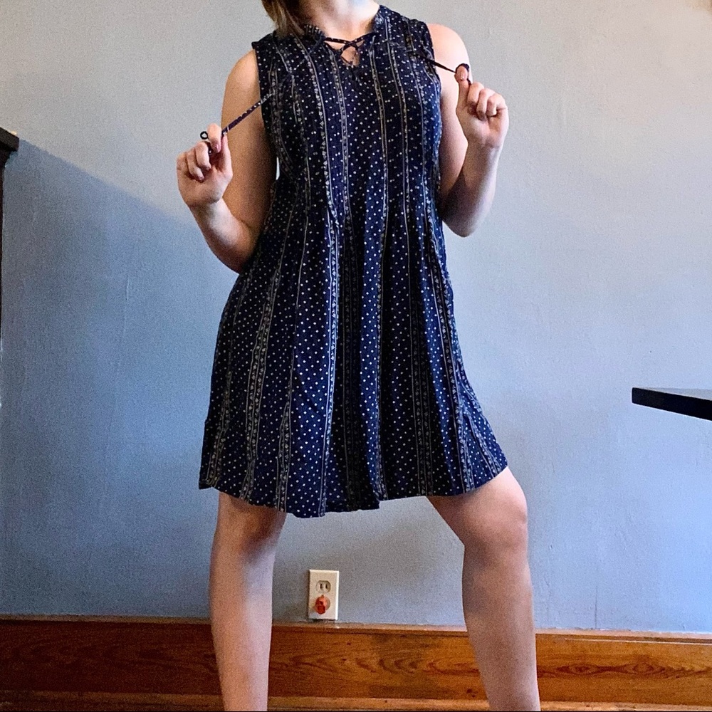 Floral Navy Shift Dress with Neck Ties